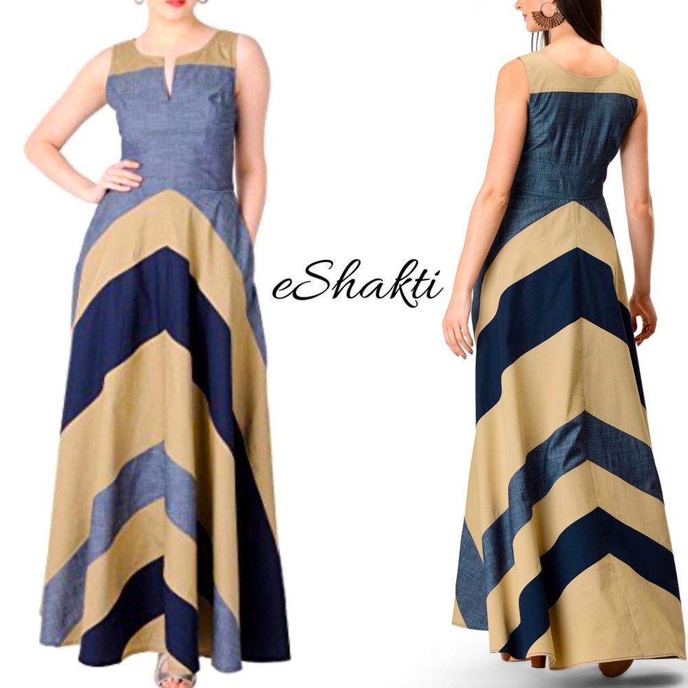 EShakti Blue & Khaki Chevron Colorblock Maxi Dress
